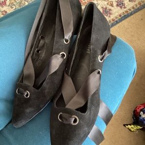 Jeffrey Campbell Black Goth/Pointed Toe Ballet Flats, Ribbon Ties, Size 9